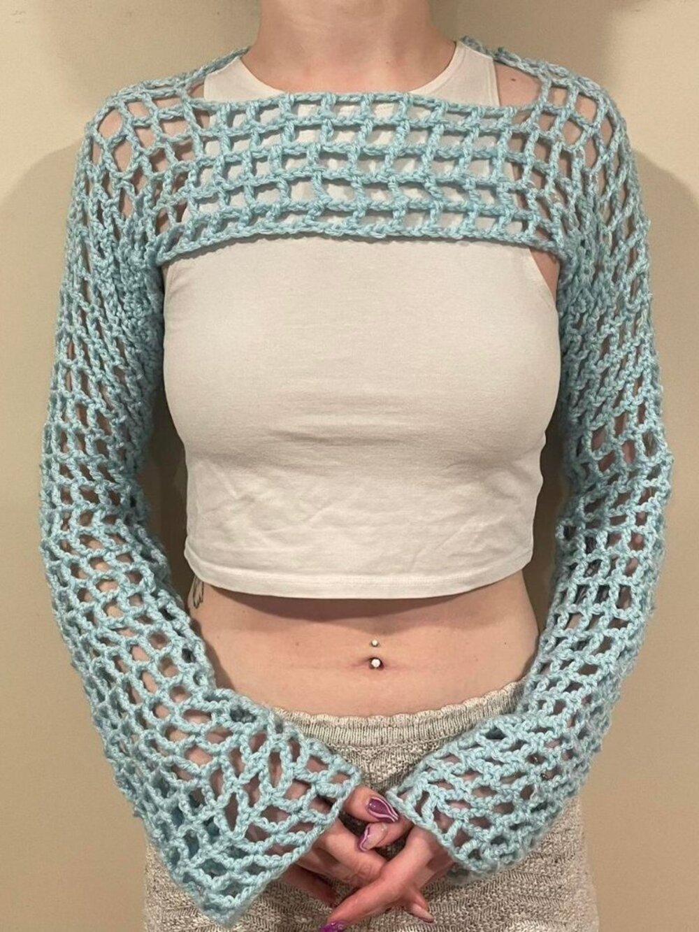 Baby Blue Mesh Crochet Shrug